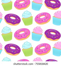 Seamless colorful pattern with donuts and cupcakes on white background. Vector illustration
