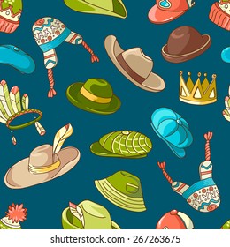 Seamless colorful pattern with doodle hats