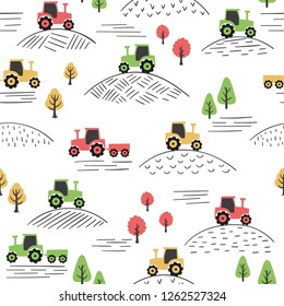 Seamless colorful pattern with doodle tractors.