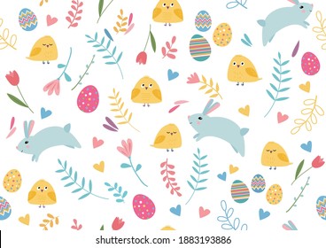 Seamless colorful pattern with Easter and spring elements: rabbits, flowers, chiks, birds, eggs