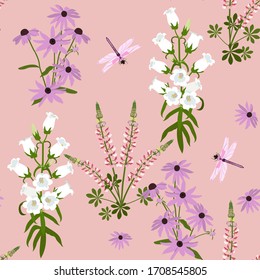 Patrón colorido sin inconvenientes con equinácea, campanula y libélulas sobre un fondo rosa. Para decorar textiles, embalajes, diseño web. Ilustración vectorial.