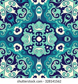 Seamless colorful pattern with elements in oriental style. Fabric or wallpaper texture. Ethnic motifs. Mandala forms in design