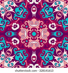 Seamless colorful pattern with elements in oriental style. Fabric or wallpaper texture. Ethnic motifs. Mandala forms in design