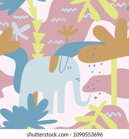 The seamless colorful pattern with elephant in jungle. Hand drawn childish overlapping background for your design.Textile, blog decoration, banner, poster, wrapping paper.