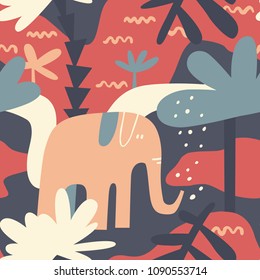 The seamless colorful pattern with elephant in jungle. Hand drawn childish overlapping background for your design.Textile, blog decoration, banner, poster, wrapping paper.