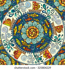 Padrão colorido sem costura. Fundo mandala étnica com ornamento decorativo, peixes rabiscos, ondas, vento e navios.