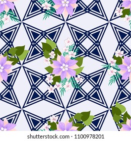 Seamless colorful pattern in exotic flowers. Composite overlay. Floral arrangements on geometric background. For textile, wallpaper, covers, surface, print, gift wrap, scrapbooking, decoupage.