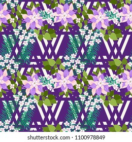 Seamless colorful pattern in exotic flowers. Composite overlay. Floral arrangements on geometric background. For textile, wallpaper, covers, surface, print, gift wrap, scrapbooking, decoupage.