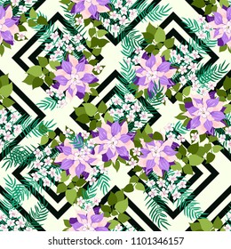 Seamless colorful pattern in exotic flowers. Composite overlay. Floral arrangements on geometric background. For textile, wallpaper, covers, surface, print, gift wrap, scrapbooking, decoupage.