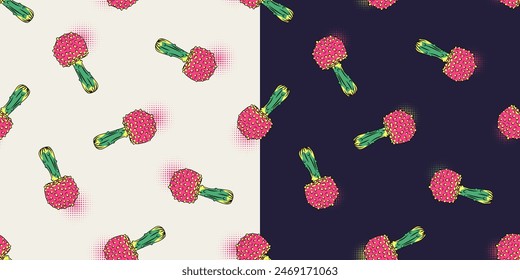 Seamless colorful pattern with fantasy mushroom fly agaric. Loose composition. Set of patterns on black, white background.