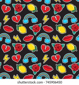 Seamless colorful pattern in fashion rockabilly tattoo style. Patches set, broken heart, rose, lemon, lips, rainbow etc on black background. Vector illustration of modern vintage stickers