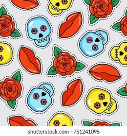 Seamless colorful pattern of fashion tattoo style patches. Mexican sculls, roses and lips stickers on gray background. Vector illustration