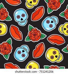 Seamless colorful pattern of fashion tattoo style patches. Mexican sculls, roses and lips stickers on black background. Vector illustration