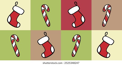 Seamless colorful pattern featuring alternating Christmas stockings and candy canes, doodle style