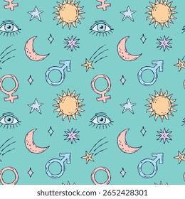 A seamless colorful pattern featuring hand-drawn mystical elements — eye, male and female symbols, comet, star, sun, and moon — in vibrant colors on a bright blue background