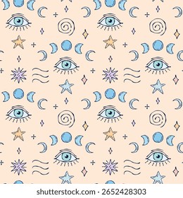 A seamless colorful pattern featuring hand-drawn mystical elements — moon phases, eyes, stars, waves, and spirals — in vibrant colors on a soft beige background