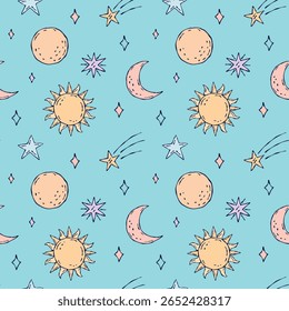 A seamless colorful pattern featuring hand-drawn celestial elements — moon, sun, comet, and stars — with vibrant colors on a light blue background