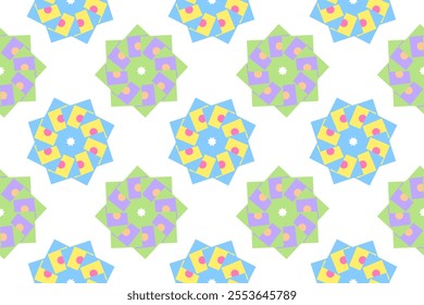 Seamless colorful pattern featuring kaleidoscopic floral shapes with geometric and circular details.