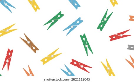 Seamless colorful pattern featuring wooden and plastic clothes pegs in yellow green blue and red on a white background.