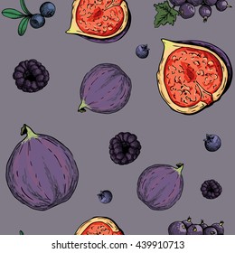 seamless colorful pattern with figs, blackberry, currant  and bilberry