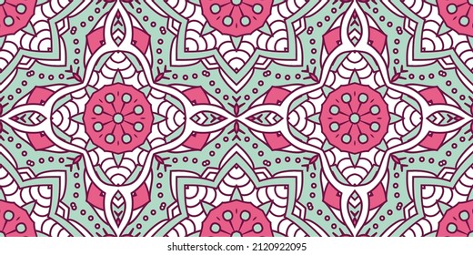 Seamless colorful pattern with floral mandala. Vintage decorative element. Hand-drawn floral pattern in Turkish style. Arabic, Indian, Ottoman motif.