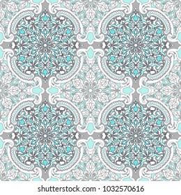 Seamless colorful pattern with floral mandalas. Majolica pottery tile. Portuguese and Spain decor. Azulejo. Islam, Arabic, Indian, Ottoman motifs.