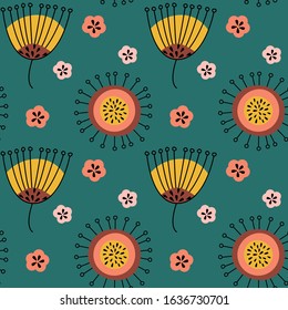 The seamless colorful pattern with flowers and berries in scandinavian style. Hand drawn overlapping background for your design. Textile, blog decoration, banner, poster, wrapping paper.