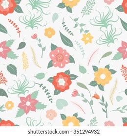 Seamless colorful  pattern with flowers, succulents, branches, leaves. 
