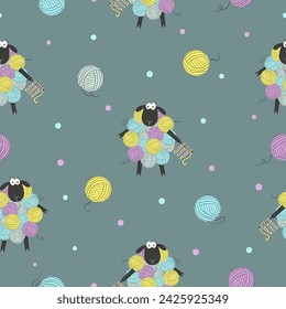 Seamless colorful pattern with funny sheep made of yarn balls