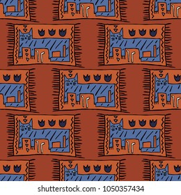 The seamless colorful pattern with funny tiger on carpet. Hand drawn overlapping background for your design. Textile, blog decoration, banner, poster, wrapping paper.