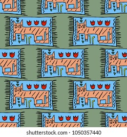The seamless colorful pattern with funny tiger on carpet. Hand drawn overlapping background for your design. Textile, blog decoration, banner, poster, wrapping paper.