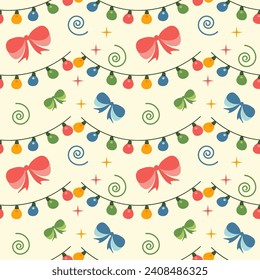 Seamless colorful pattern of garlands, bows and doodles. Great for birthday parties, textile, banners, wallpaper, packaging - vector design