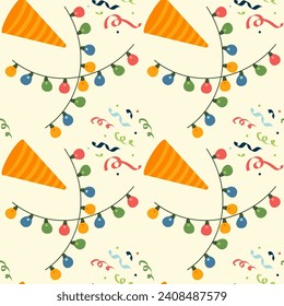 Seamless colorful pattern of garlands, caps and doodles. Great for birthday parties, textile, banners, wallpaper, packaging - vector design