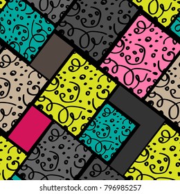 Seamless colorful pattern with geometric elements and swirling patterns