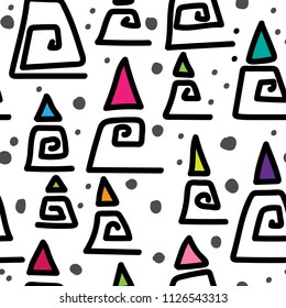 The seamless colorful pattern with geometric shapes. Triangles, crosses, dots. Hand drawn overlapping background for your design. Textile, blog decoration, banner, poster, wrapping paper.
