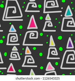 The seamless colorful pattern with geometric shapes. Triangles, crosses, dots. Hand drawn overlapping background for your design. Textile, blog decoration, banner, poster, wrapping paper.
