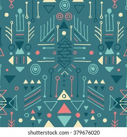 The seamless colorful pattern with geometric shapes. Tribal hand drawn background for your design. Textile, blog decoration, banner, poster, wrapping paper.
