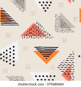 The seamless colorful pattern with geometric shapes. Triangles, crosses, circles. Hand drawn overlapping background for your design. Textile, blog decoration, banner, poster, wrapping paper.