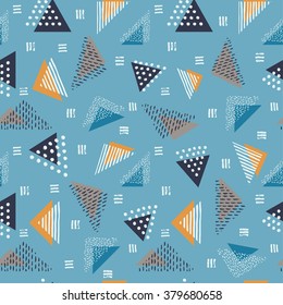 The seamless colorful pattern with geometric shapes. Triangles, crosses, circles. Hand drawn overlapping background for your design. Textile, blog decoration, banner, poster, wrapping paper.