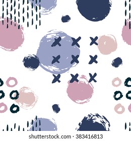 The seamless colorful pattern with geometric shapes. Triangles, crosses, circles. Hand drawn overlapping background for your design. Textile, blog decoration, banner, poster, wrapping paper.