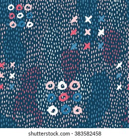 The seamless colorful pattern with geometric shapes. Triangles, crosses, circles. Hand drawn overlapping background for your design. Textile, blog decoration, banner, poster, wrapping paper.