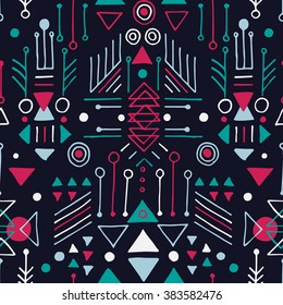 The seamless colorful pattern with geometric shapes. Tribal hand drawn background for your design. Textile, blog decoration, banner, poster, wrapping paper.