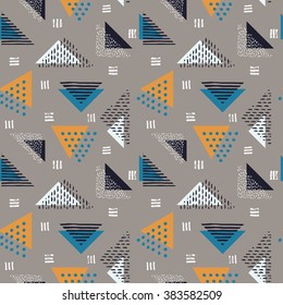 The seamless colorful pattern with geometric shapes. Triangles, crosses, circles. Hand drawn overlapping background for your design. Textile, blog decoration, banner, poster, wrapping paper.