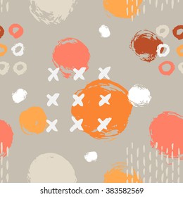The seamless colorful pattern with geometric shapes. Triangles, crosses, circles. Hand drawn overlapping background for your design. Textile, blog decoration, banner, poster, wrapping paper.