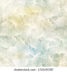 Seamless colorful pattern with ginkgo leaves and watercolor texture. Floral background on vector