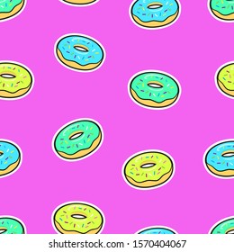 Seamless colorful pattern with glazed donut stickers. Vector illustration
