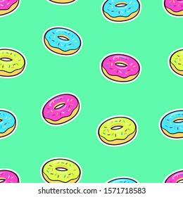 Seamless colorful pattern with glazed donut stickers. Vector illustration