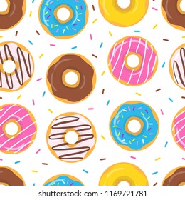 Seamless colorful pattern with glazed donuts on white background. Vector illustration