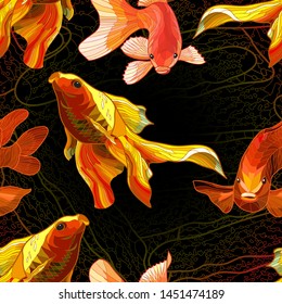 Seamless colorful pattern with  golden fish shells, corals. Abstract underwater background. Watercolor style bright texture. Marine motifs for fabric textile design