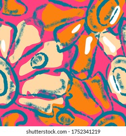 Seamless colorful pattern with grunge line and abstract flowers.